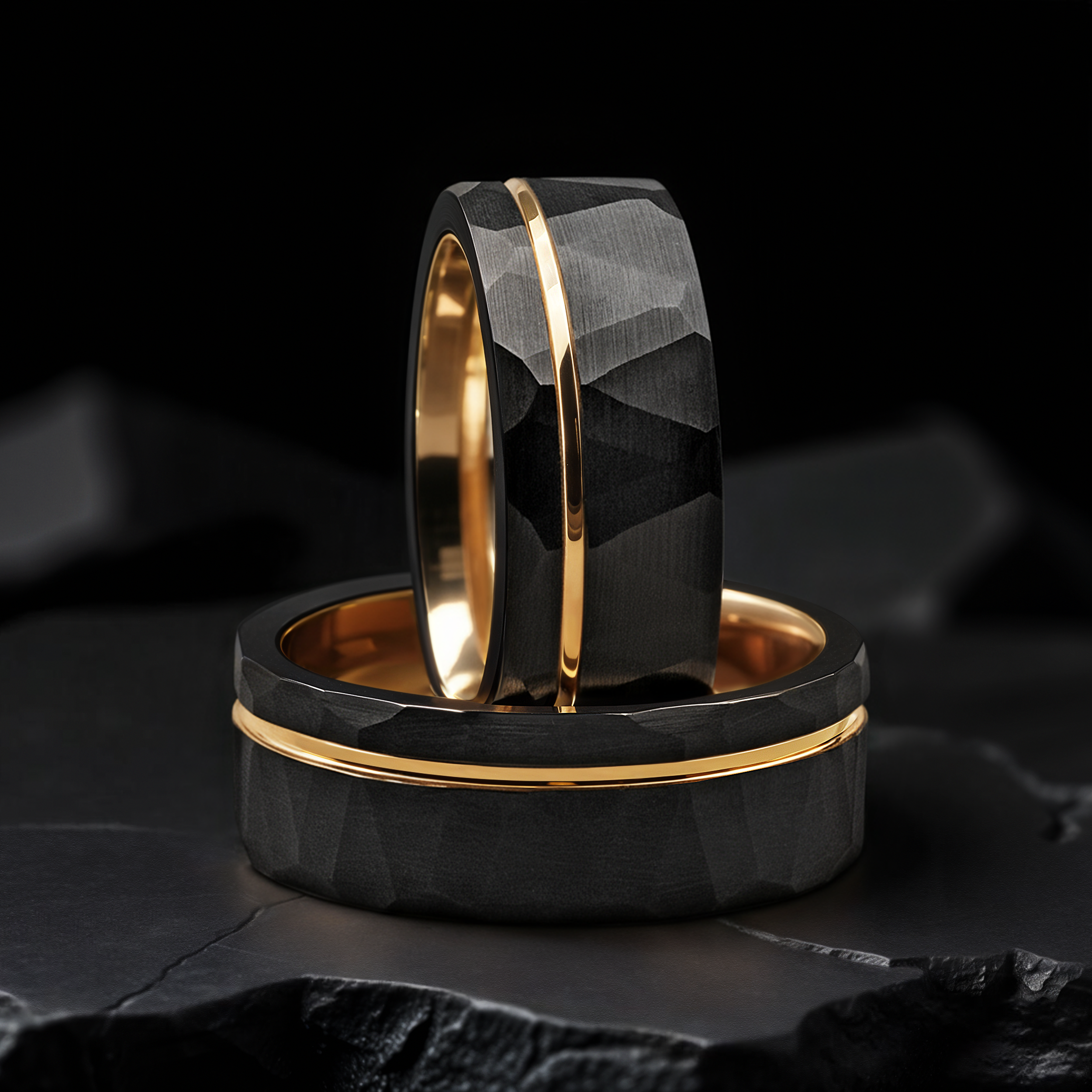 Hammered Black Tungsten & Gold Strip Men's Wedding Band