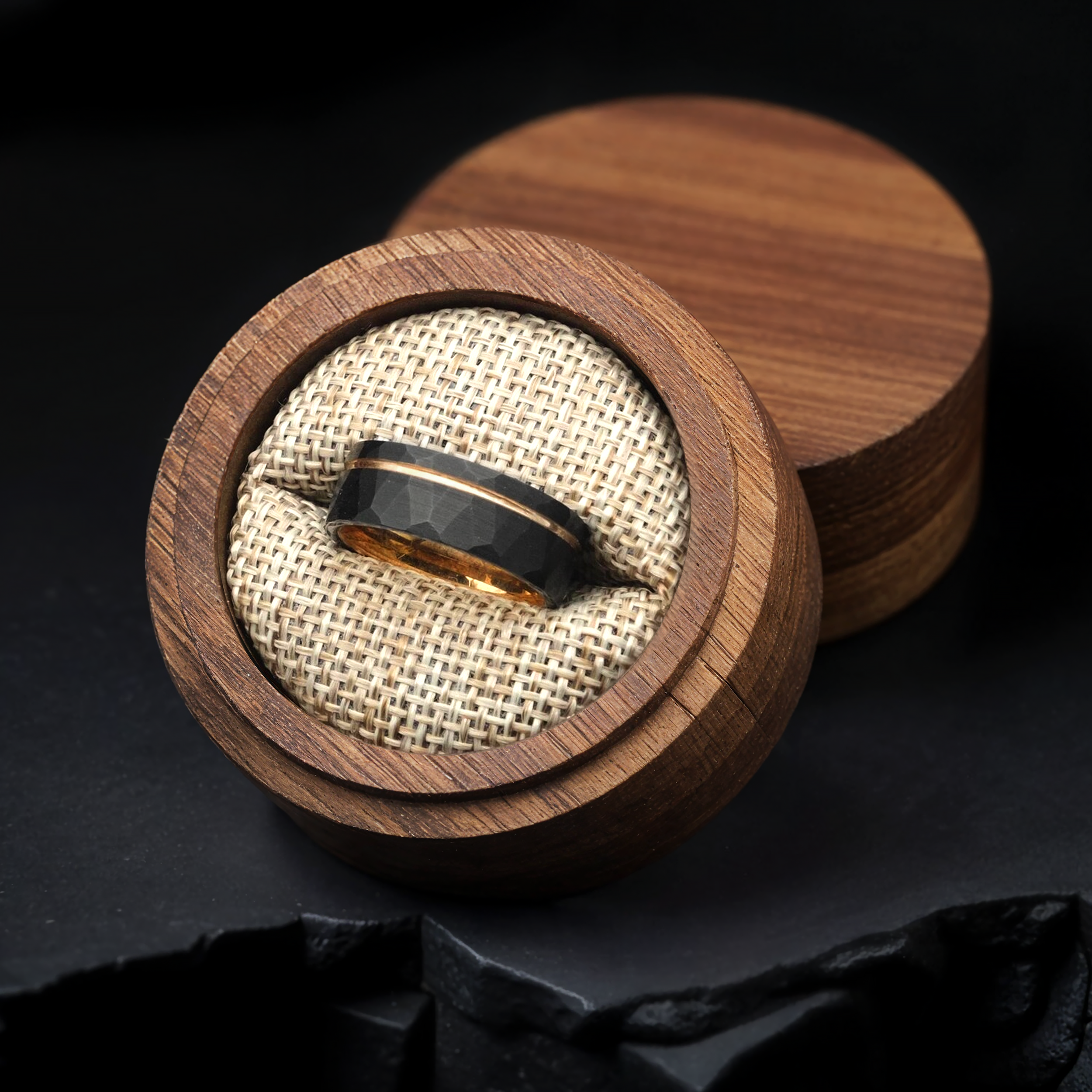 Hammered Black Tungsten & Gold Strip Men's Wedding Band