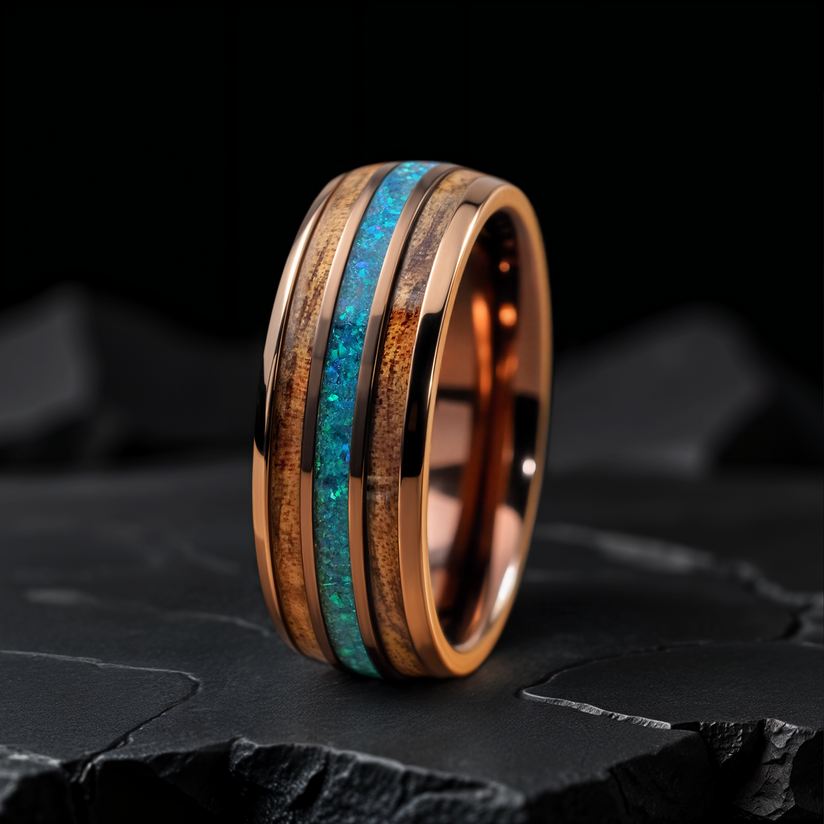Stellar Oak Men's Tungsten Ring – Galaxy Opal & Koa Wood Band