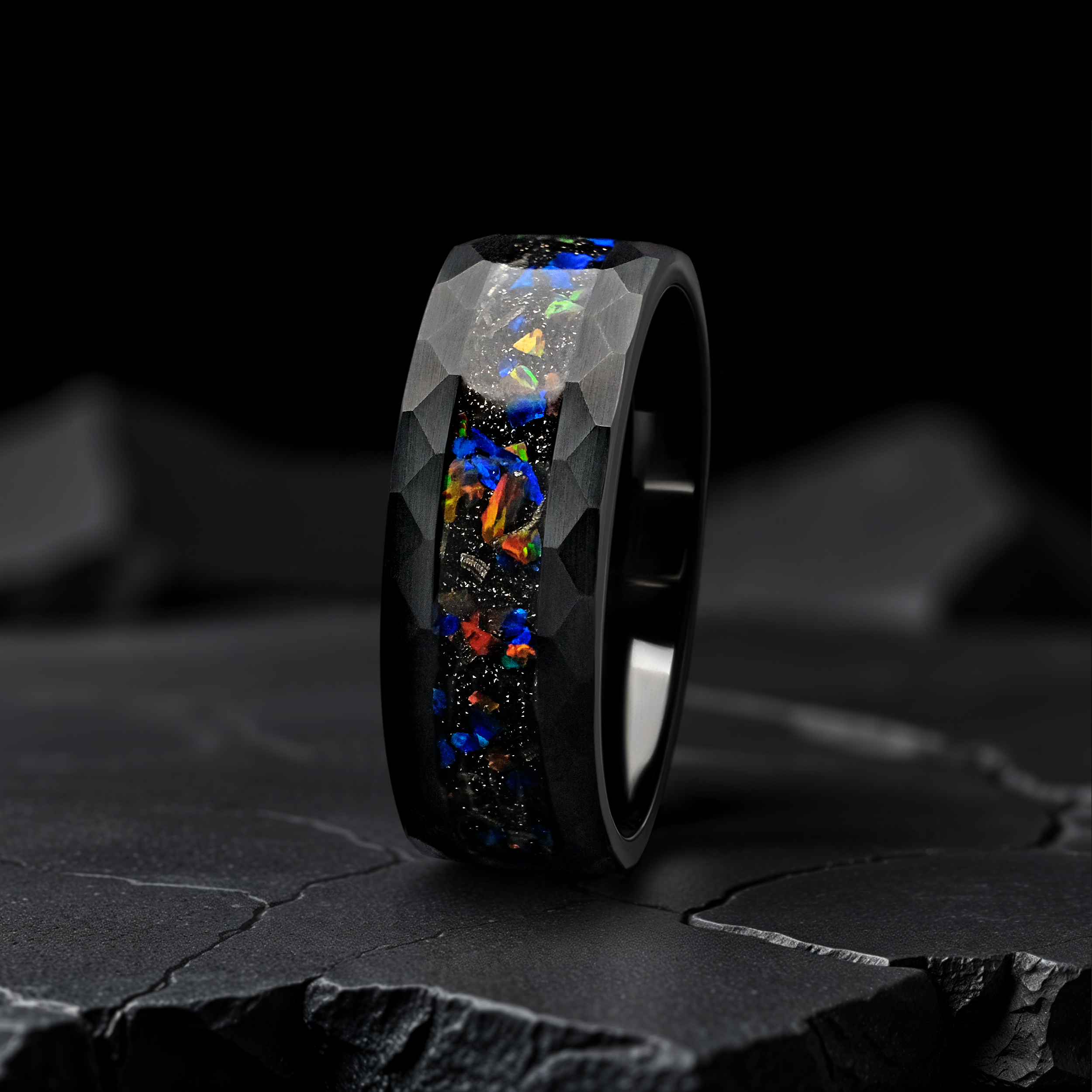 Meteorite Black Tungsten Opal Wedding Ring