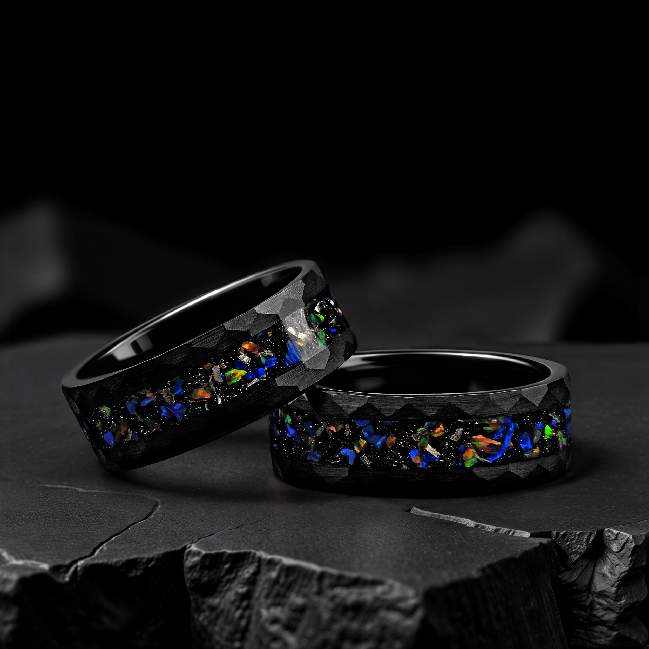 Meteorite Black Tungsten Opal Wedding Ring