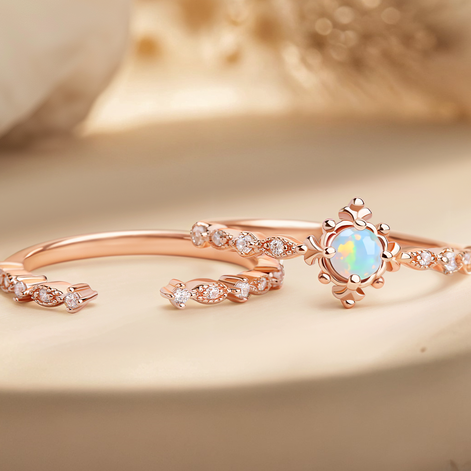 🌸Lunox ~ White Opal Bridal Ring Set