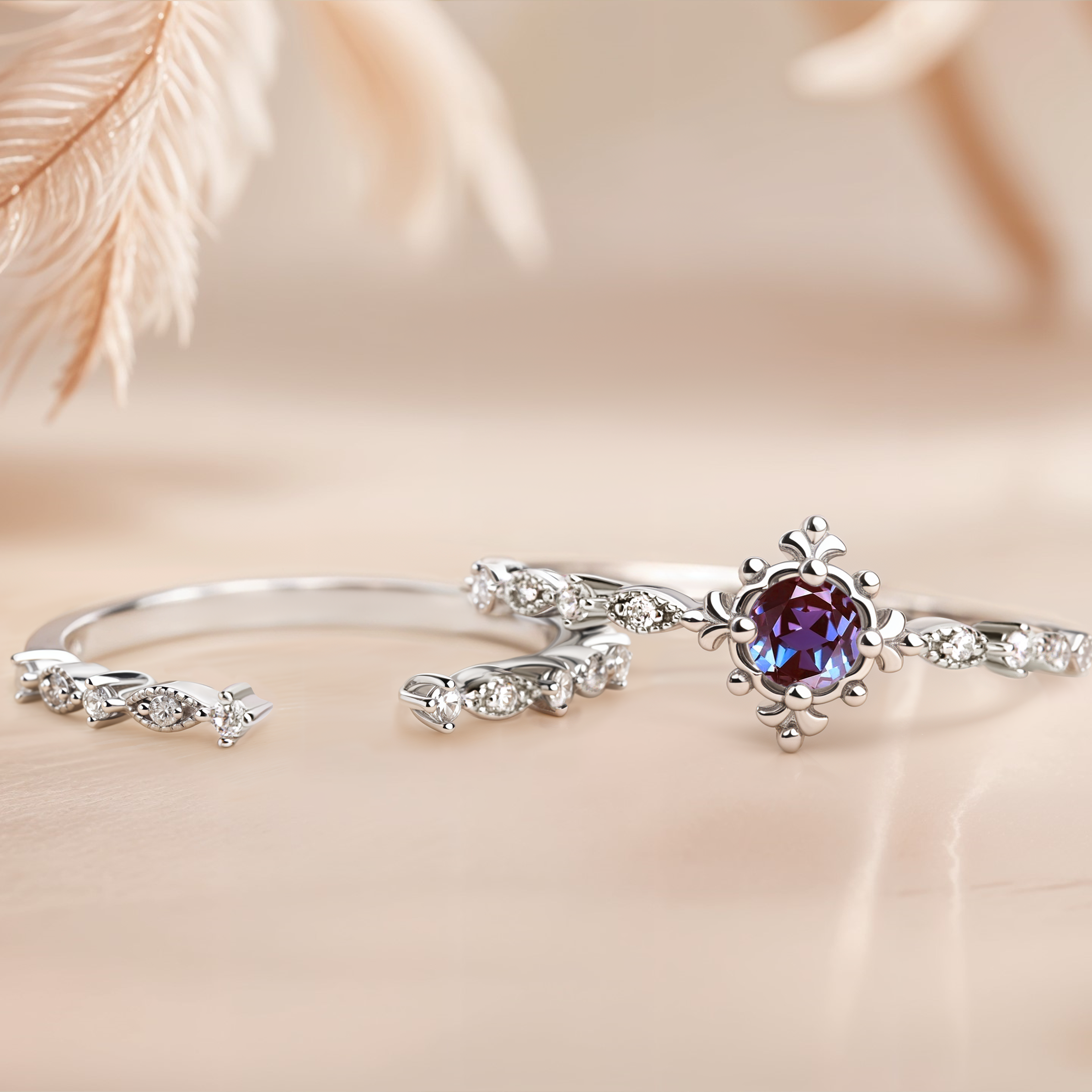 🌸 Aika ~ Alexandrite Art Deco Ring Set