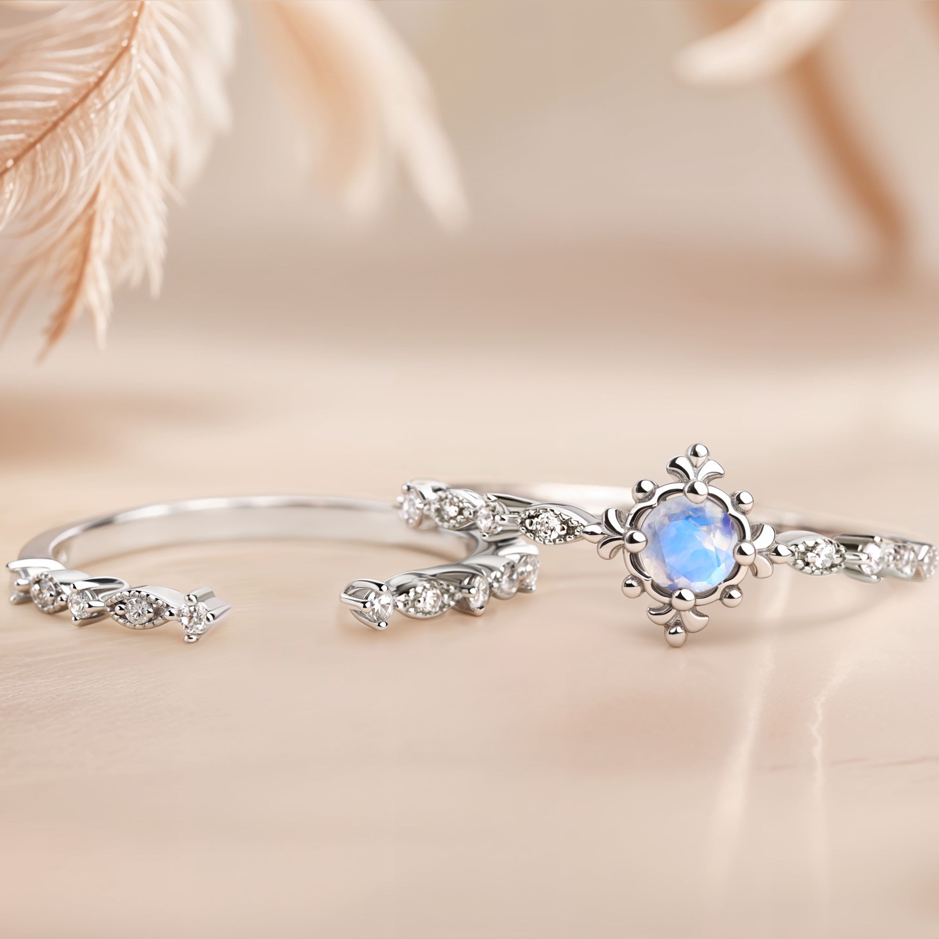 🌸 Tsuki – Moonstone Ring Bridal Set