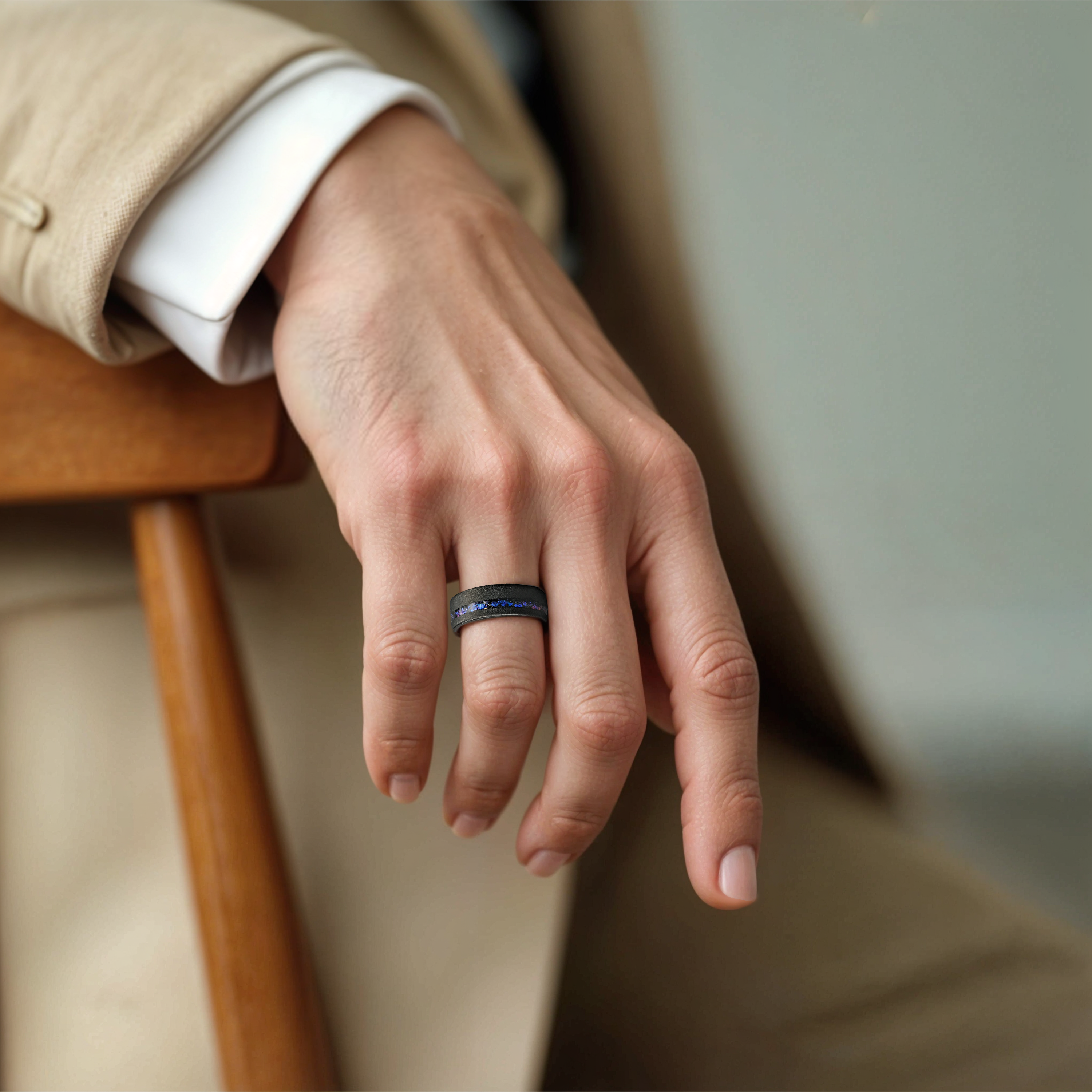 Domed Galaxy Opal & Balck Tungsten Men's Cosmic Wedding Band