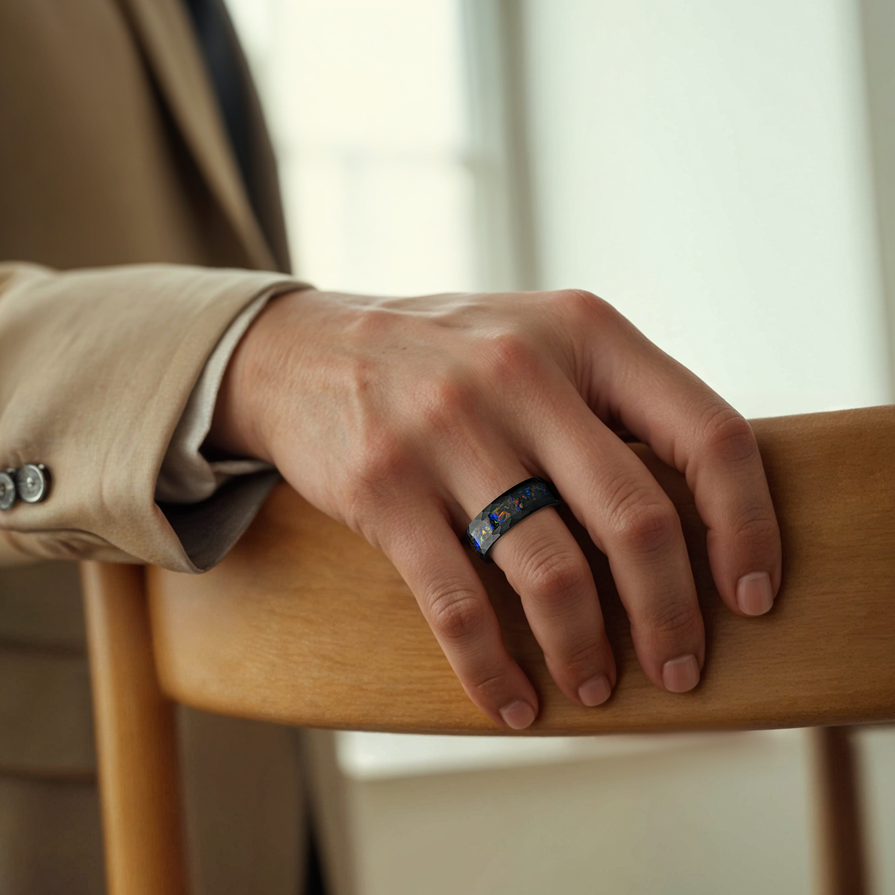 Meteorite Black Tungsten Opal Wedding Ring