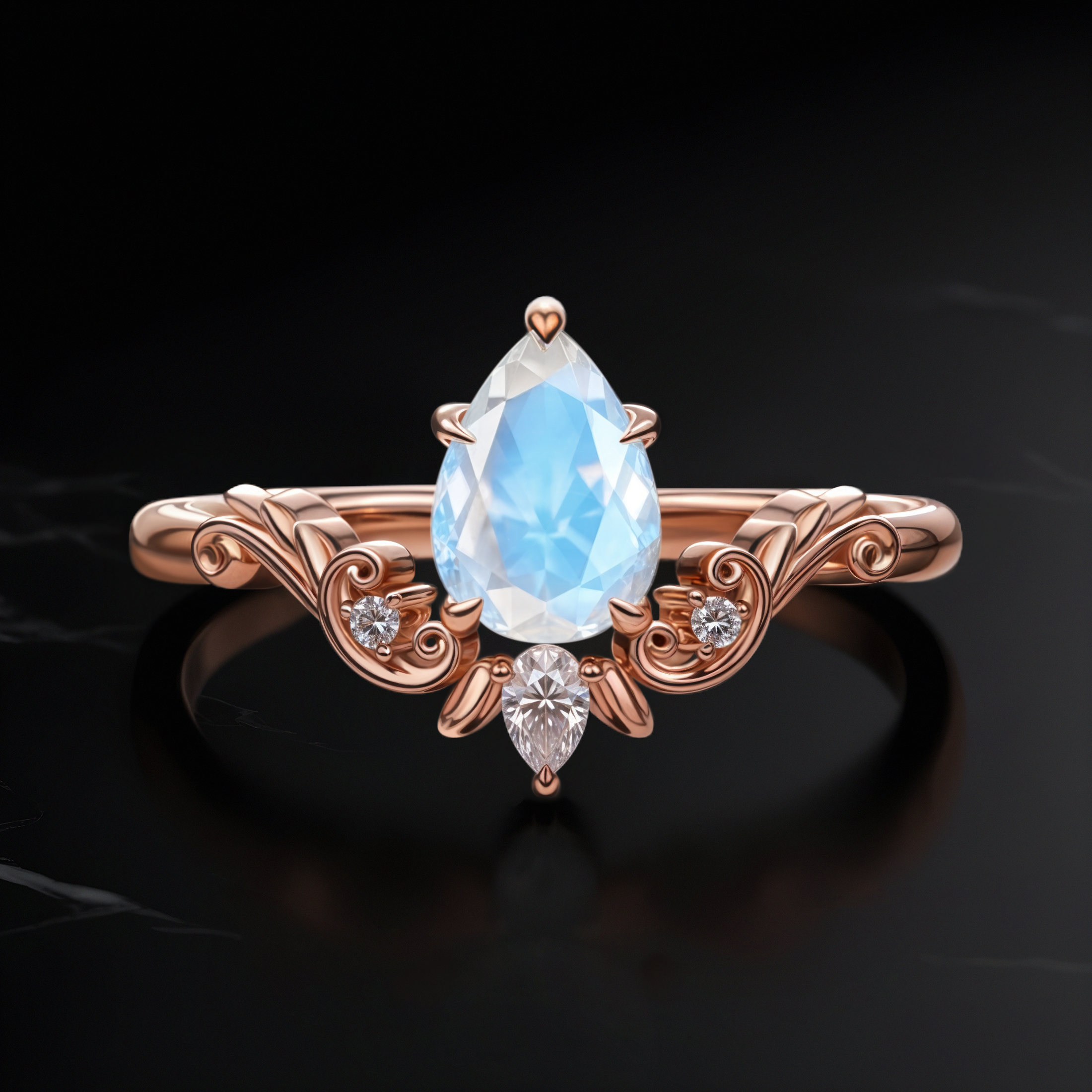 Close-up of Vintage Drop Moonstone ring in rose gold, featuring an 8 mm pear-cut Moonstone with intricate scrollwork band design.