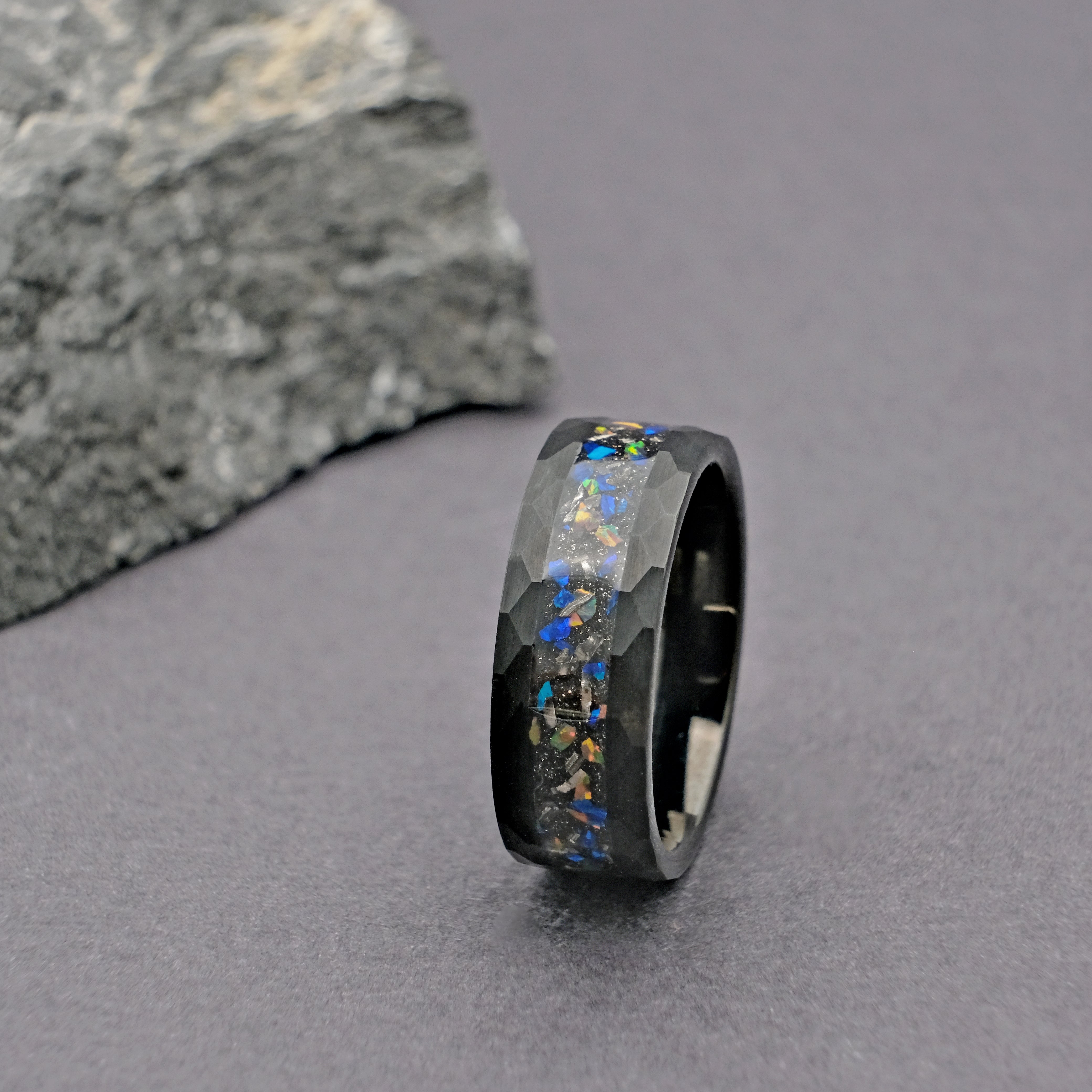 Another close-up vertical shot of the Meteorite Black Tungsten Opal Ring, highlighting the craftsmanship and the seamless integration of the meteorite and opal inlays.