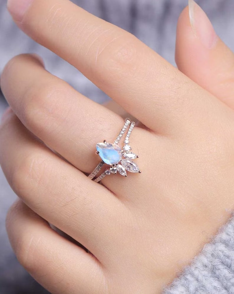 Vintage Moonstone Enchantment Set worn by model, featuring a 6x8mm Moonstone and 24K gold-plated silver band