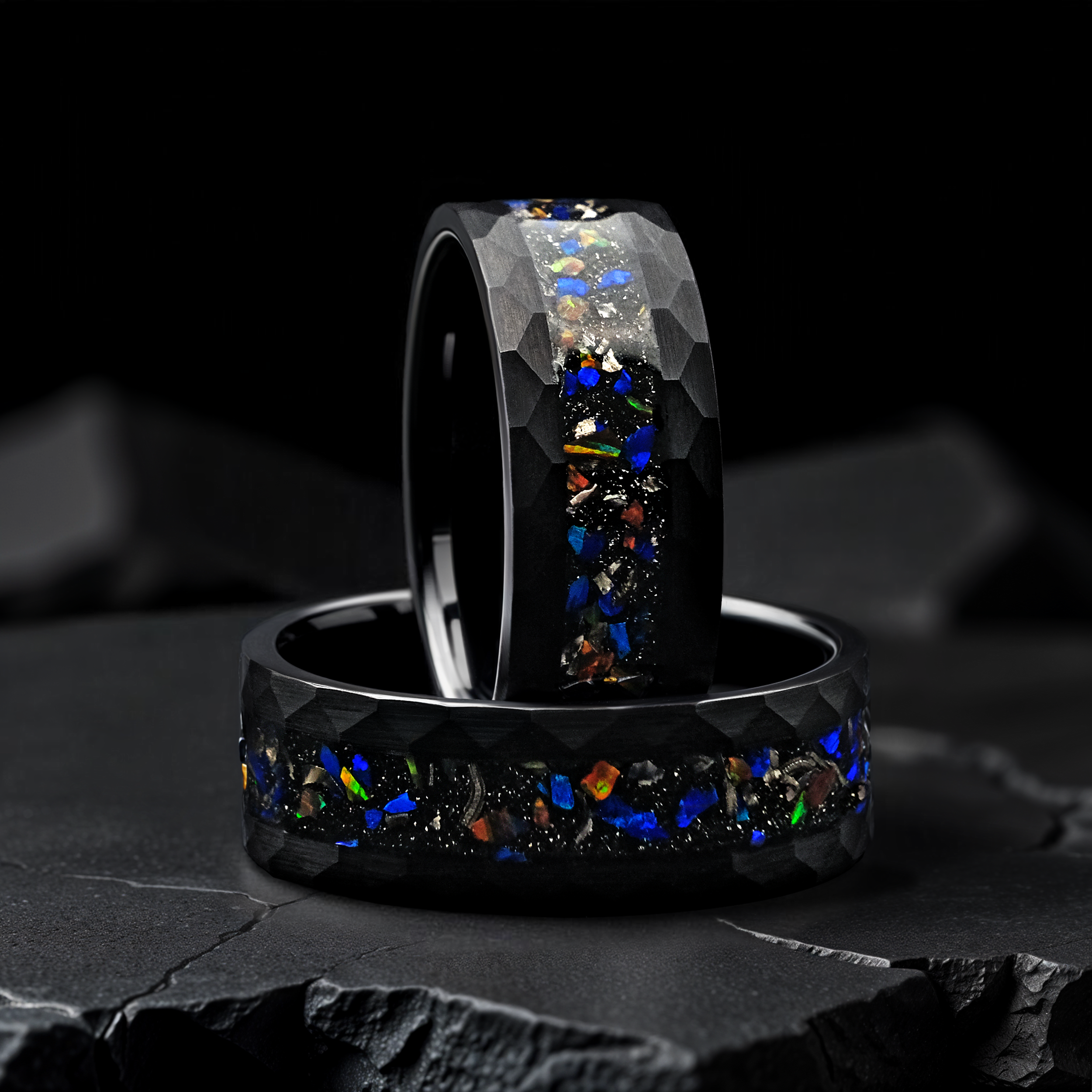 Meteorite Black Tungsten Opal Wedding Ring
