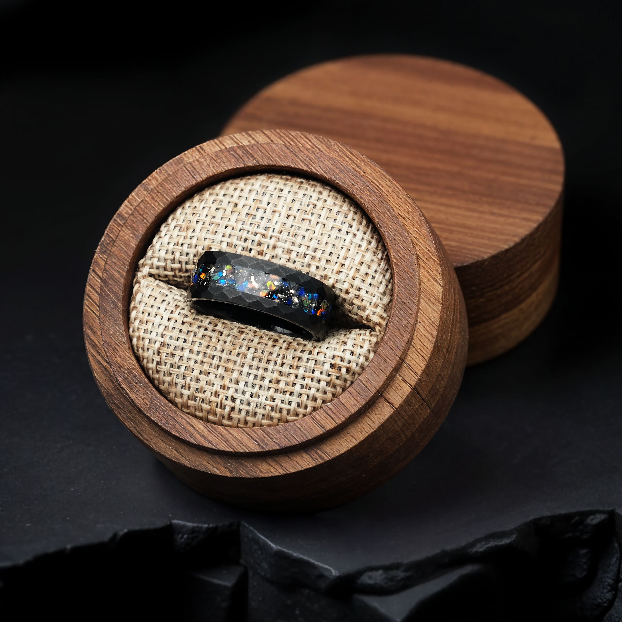 Meteorite Black Tungsten Opal Wedding Ring