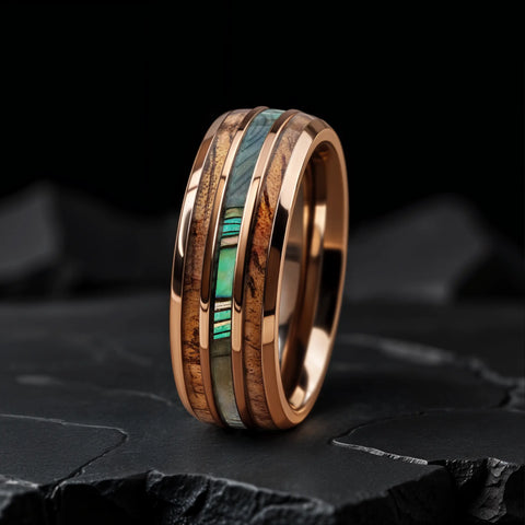 Hawaiian Tungsten Ring | Koa Wood and Bello Opal – Santa Esmeralda