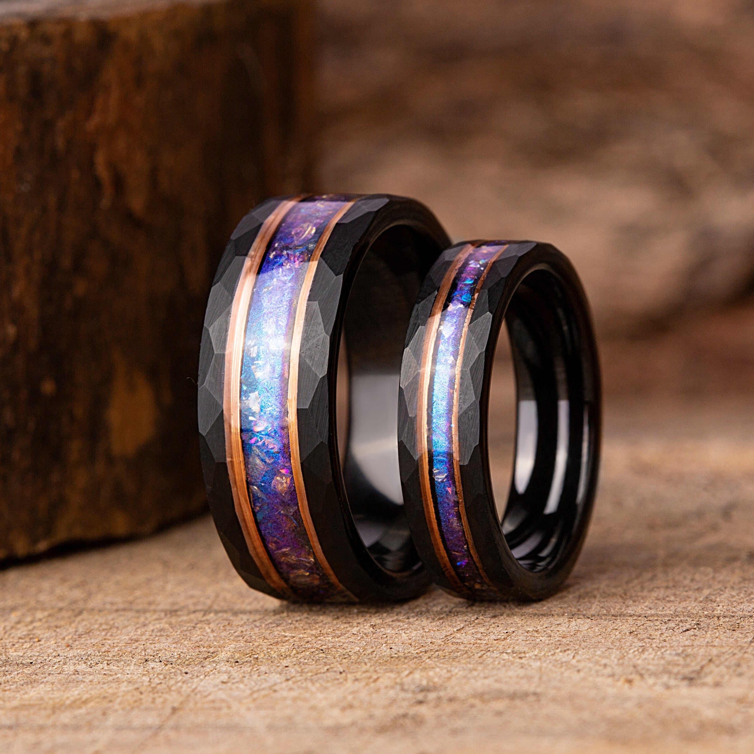 Alexandrite Couple's Wedding Band Set: Crushed Gemstone Inlay, Tungsten Rings