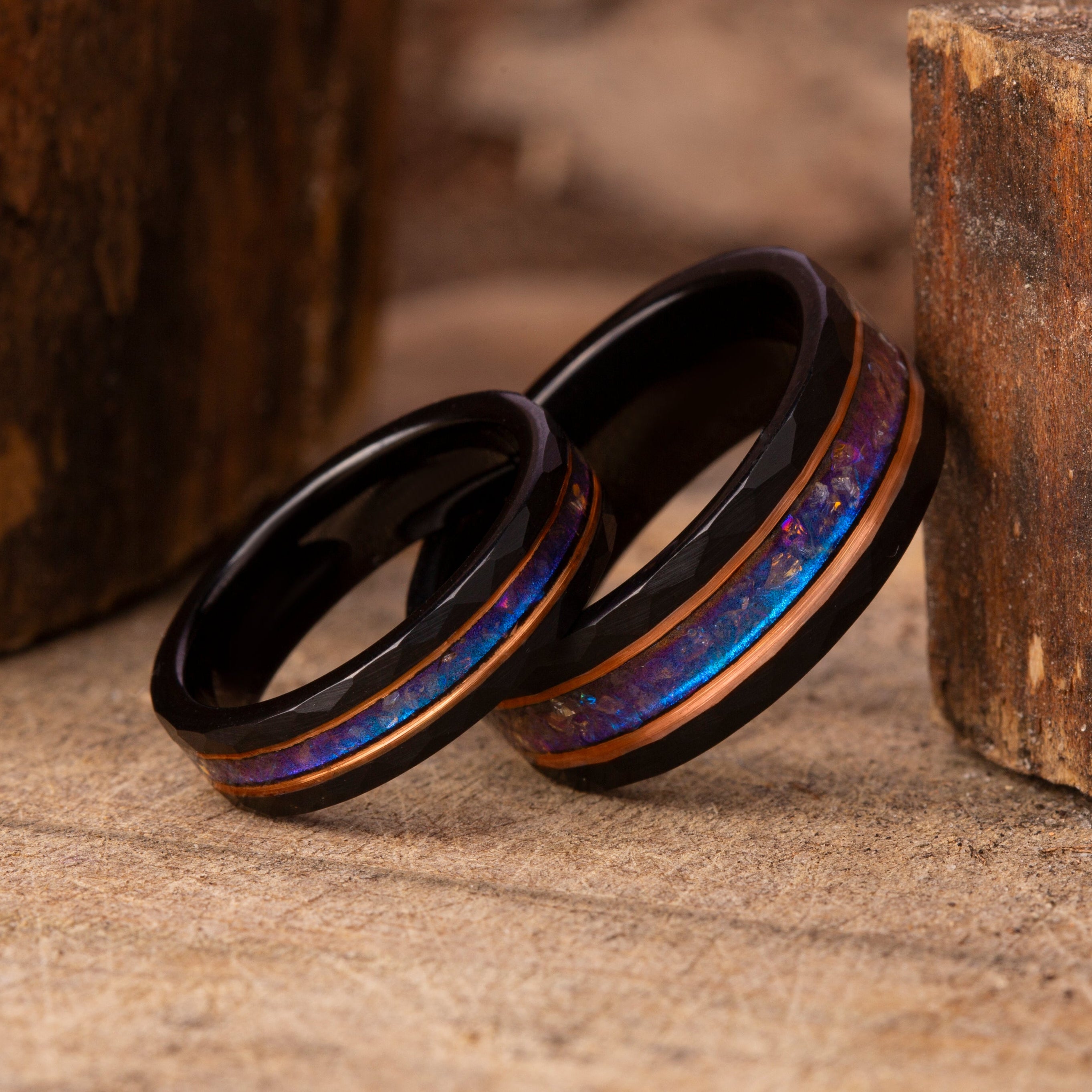 Alexandrite Couple's Wedding Band Set: Crushed Gemstone Inlay, Tungsten Rings