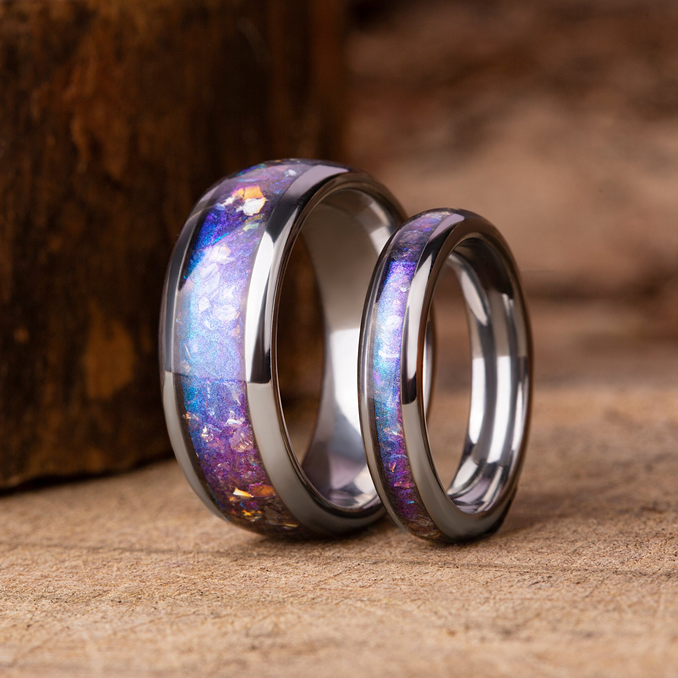lexandrite Crushed Inlay Tungsten Wedding Band Set: Color Changing Galaxy Rings