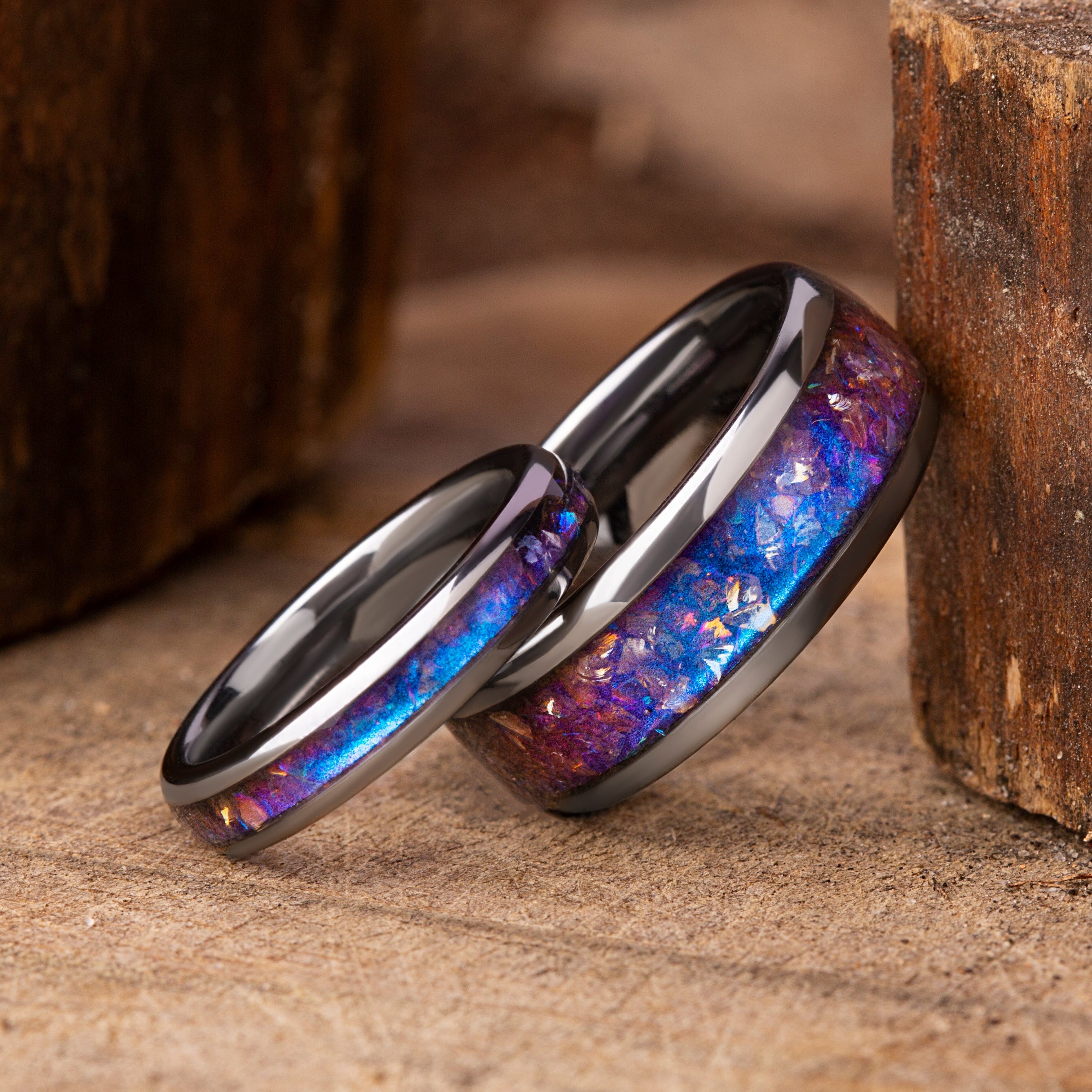 lexandrite Crushed Inlay Tungsten Wedding Band Set: Color Changing Galaxy Rings