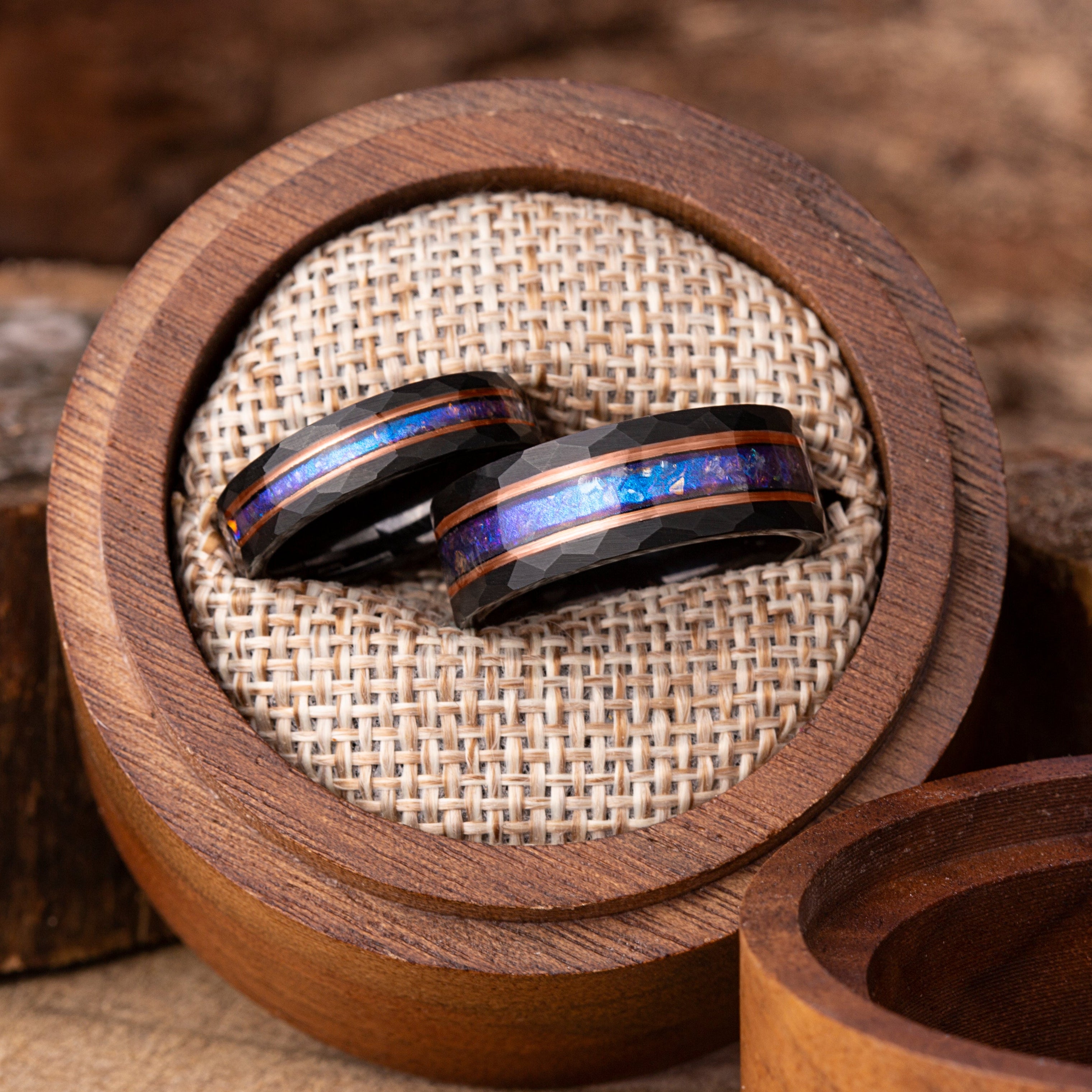 Alexandrite Couple's Wedding Band Set: Crushed Gemstone Inlay, Tungsten Rings