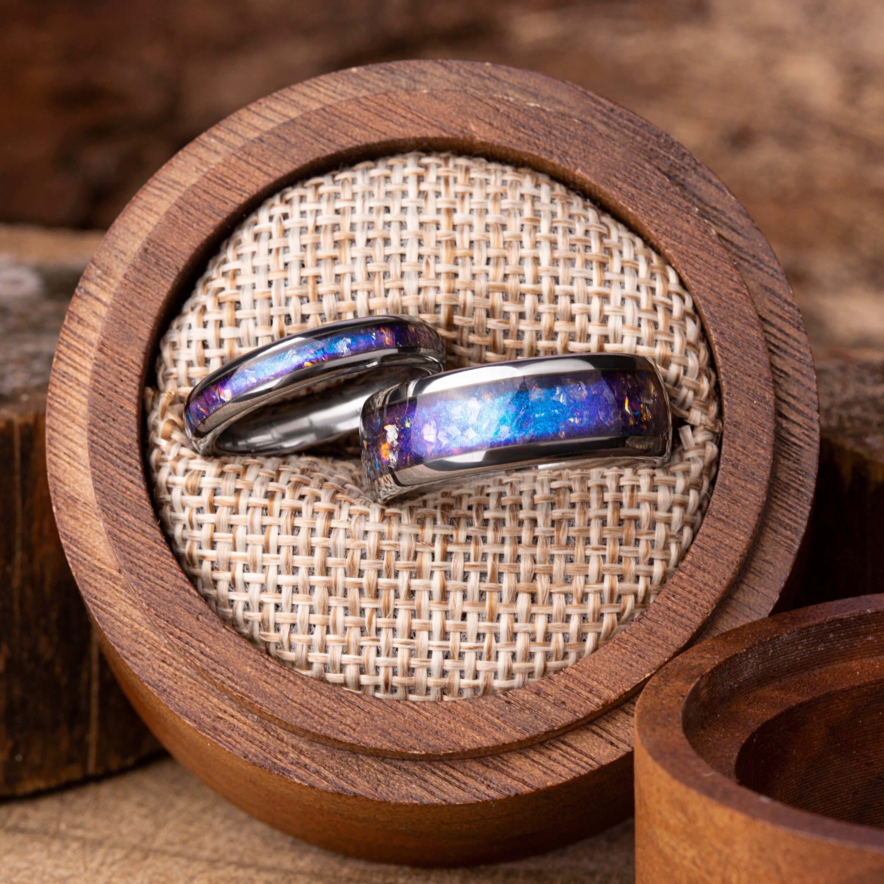 lexandrite Crushed Inlay Tungsten Wedding Band Set: Color Changing Galaxy Rings