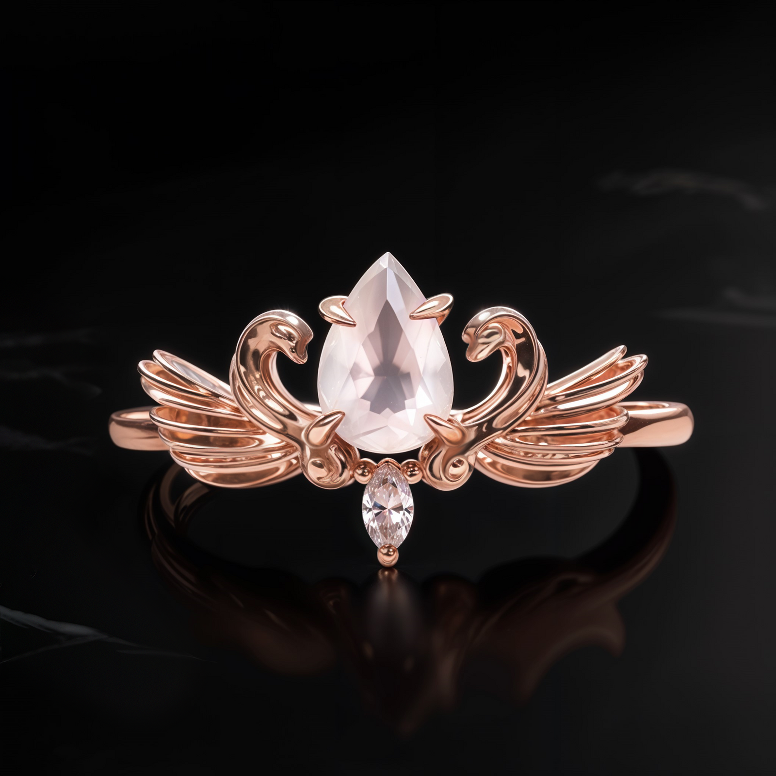 Close-up of Phoenix Blush Pink Quartz ring in rose gold, featuring a pear-cut Pink Quartz with wing-inspired band design.