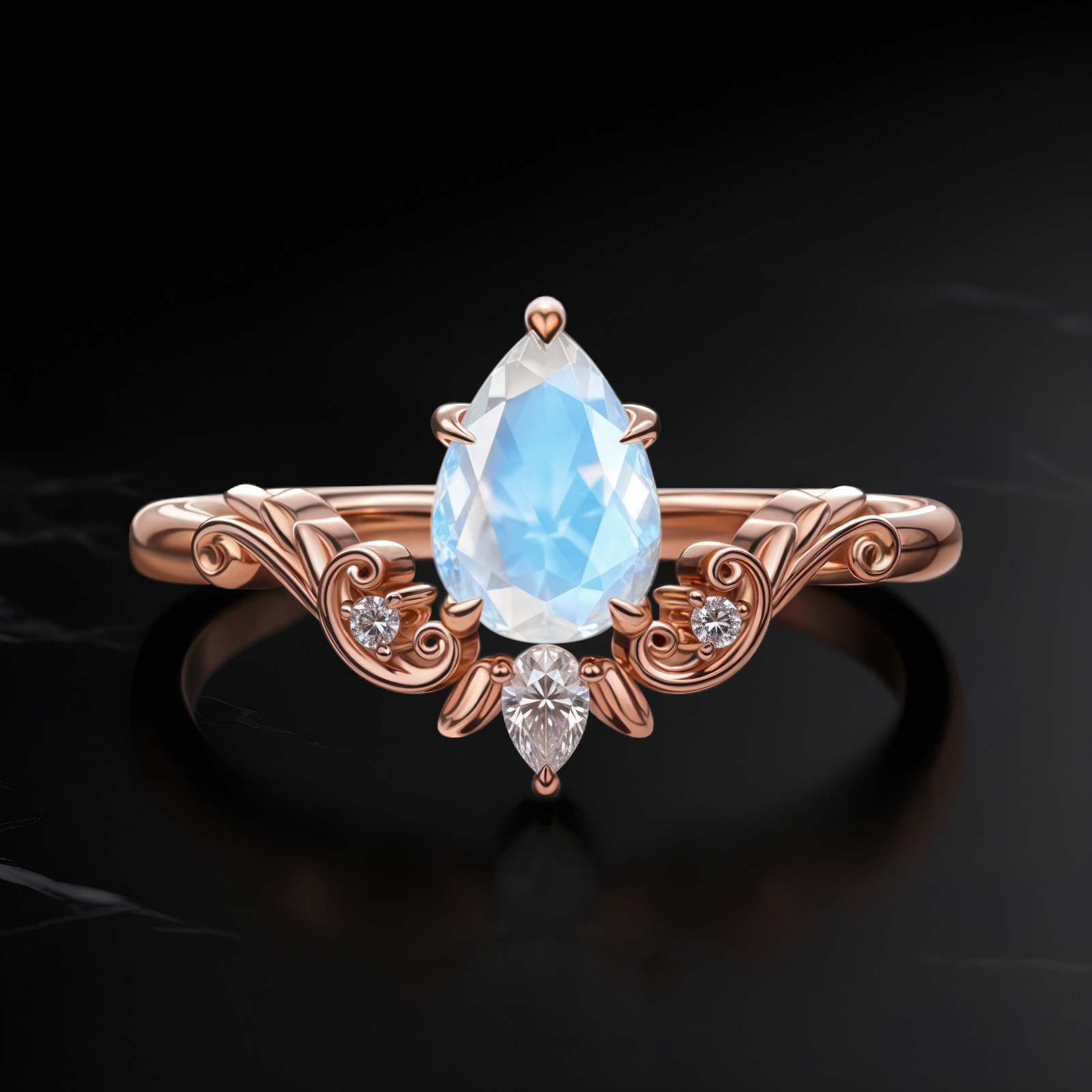 Close-up of Vintage Drop Moonstone ring in rose gold, featuring an 8 mm pear-cut Moonstone with intricate scrollwork band design.