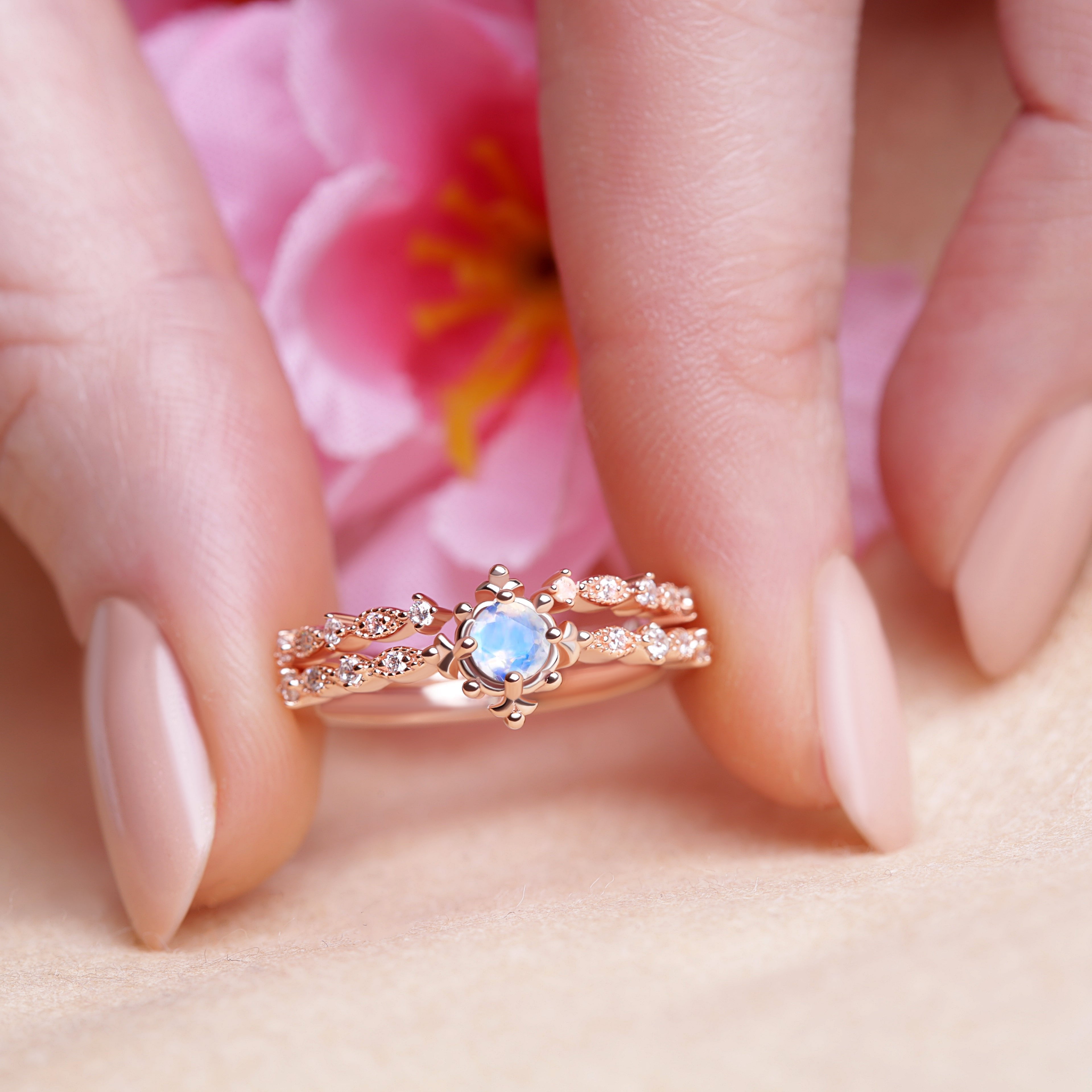 Antique Oval Shaped Moonstone Ring with 5mm oval-cut Moonstone and White Zircon accents in rose gold - Frontal view