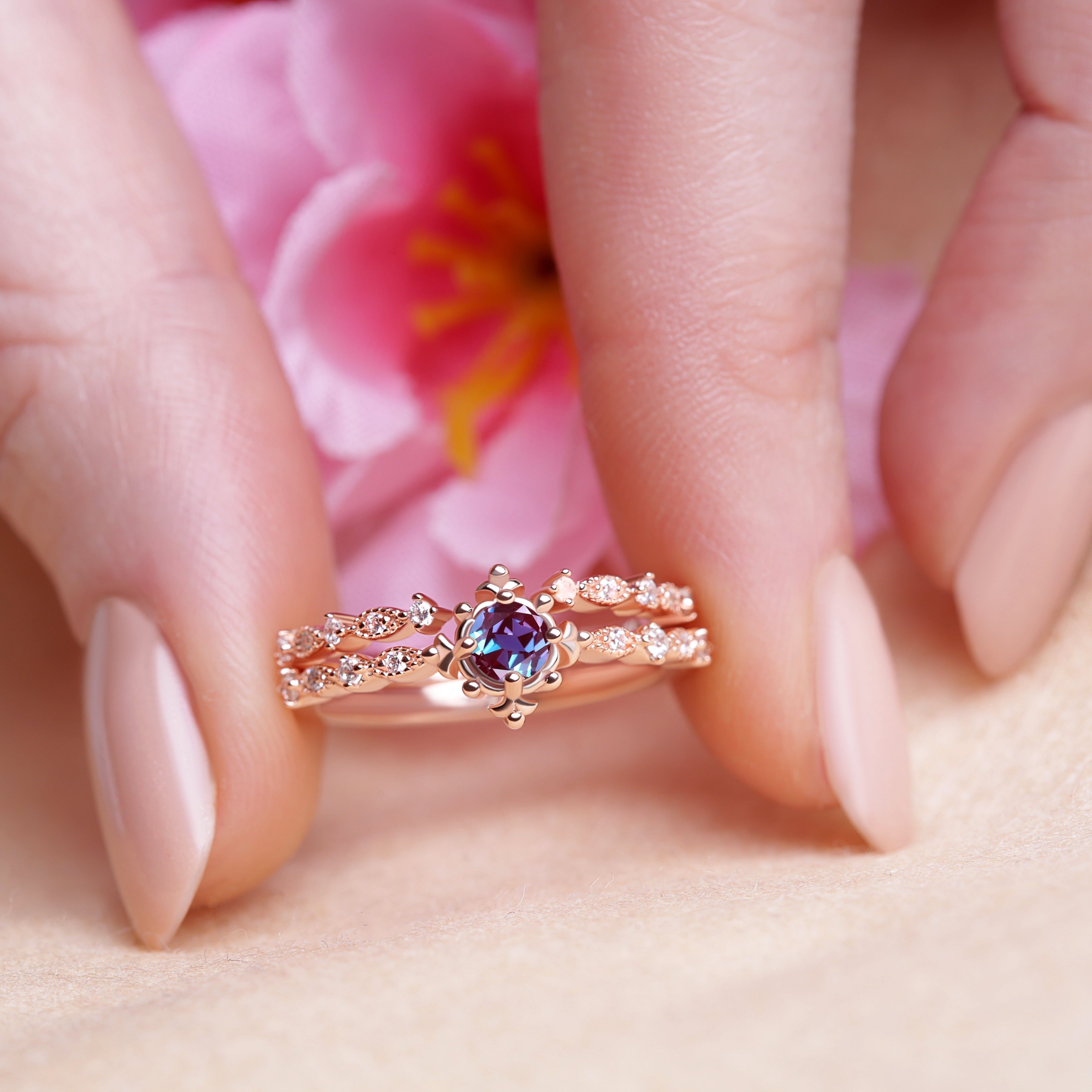 Detailed close-up of the Alexandrite gemstone in the Art Deco Color Changing Ring Set with White Zircon accents