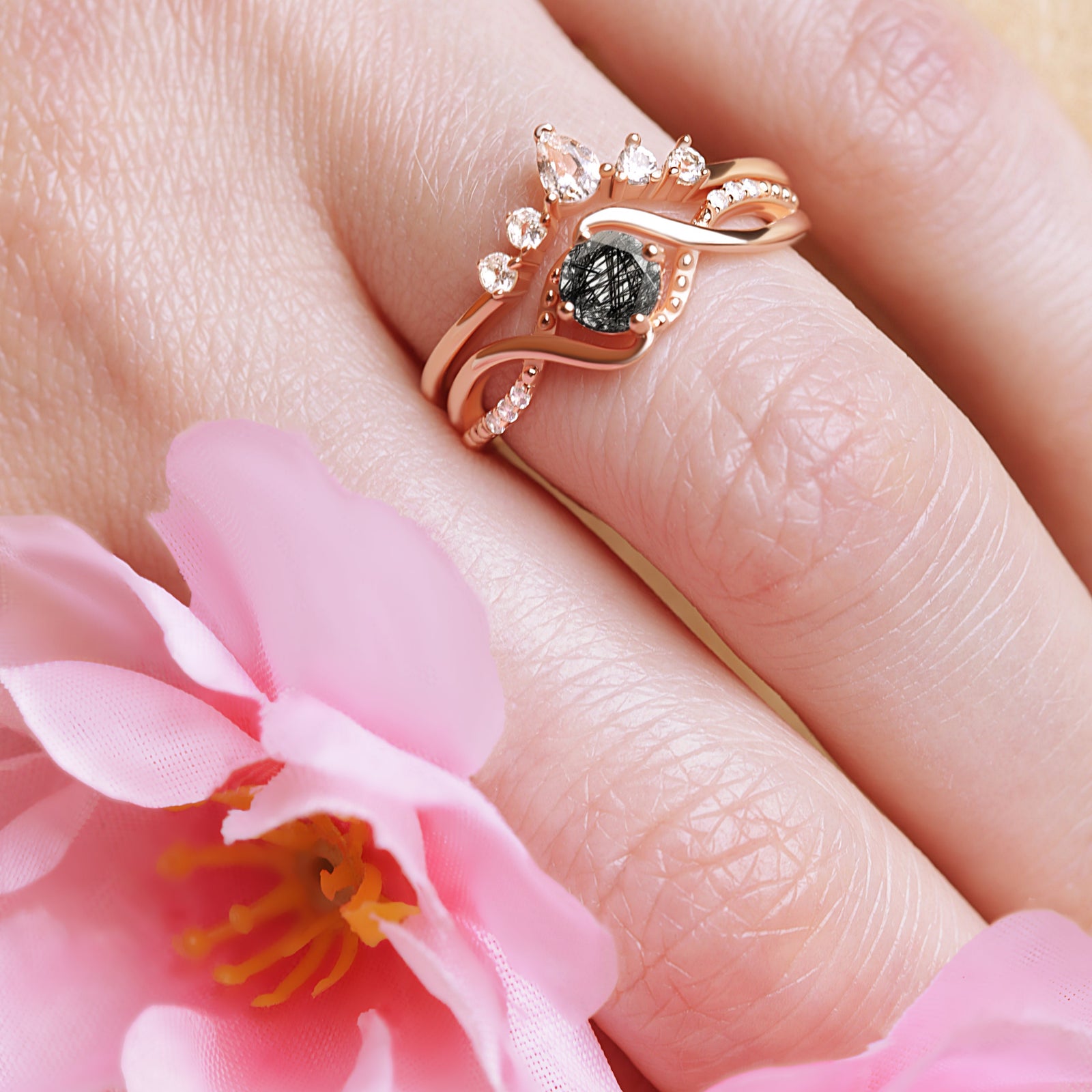 Model wearing the Black Rutilated Quartz Engagement Ring Set in rose gold, highlighting the elegant design and unique gemstone.