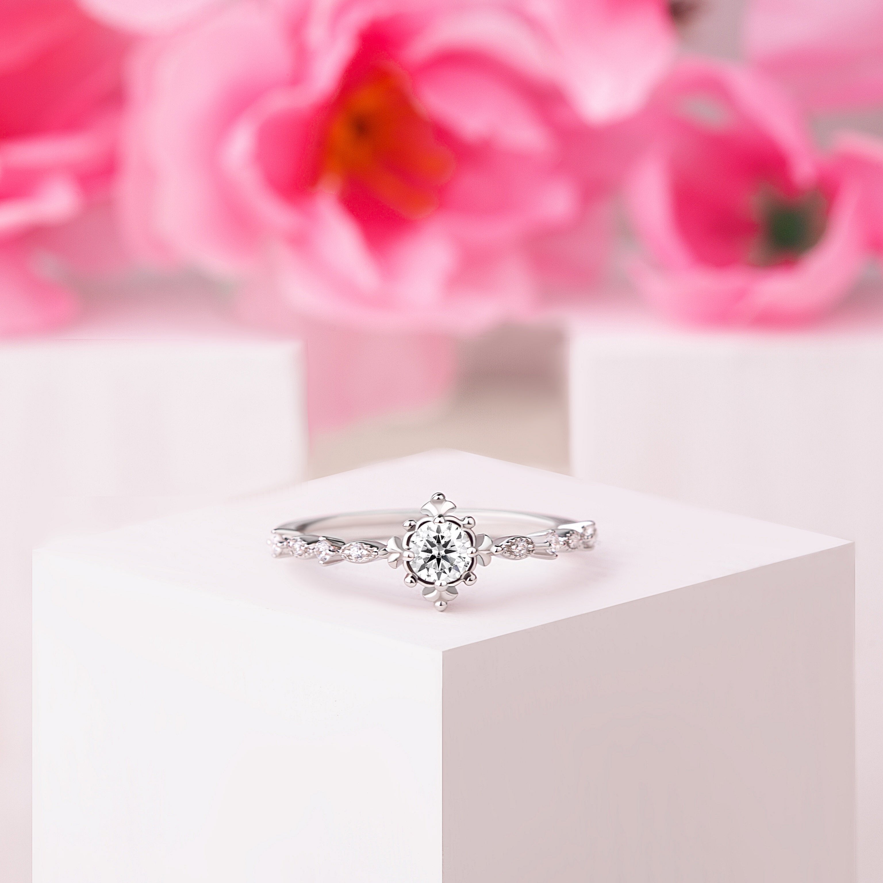 Front view of the Brisbane Heirloom-Quality Moissanite Engagement Ring in silver gold, showcasing the vintage-inspired design and sparkling Moissanite gemstone.