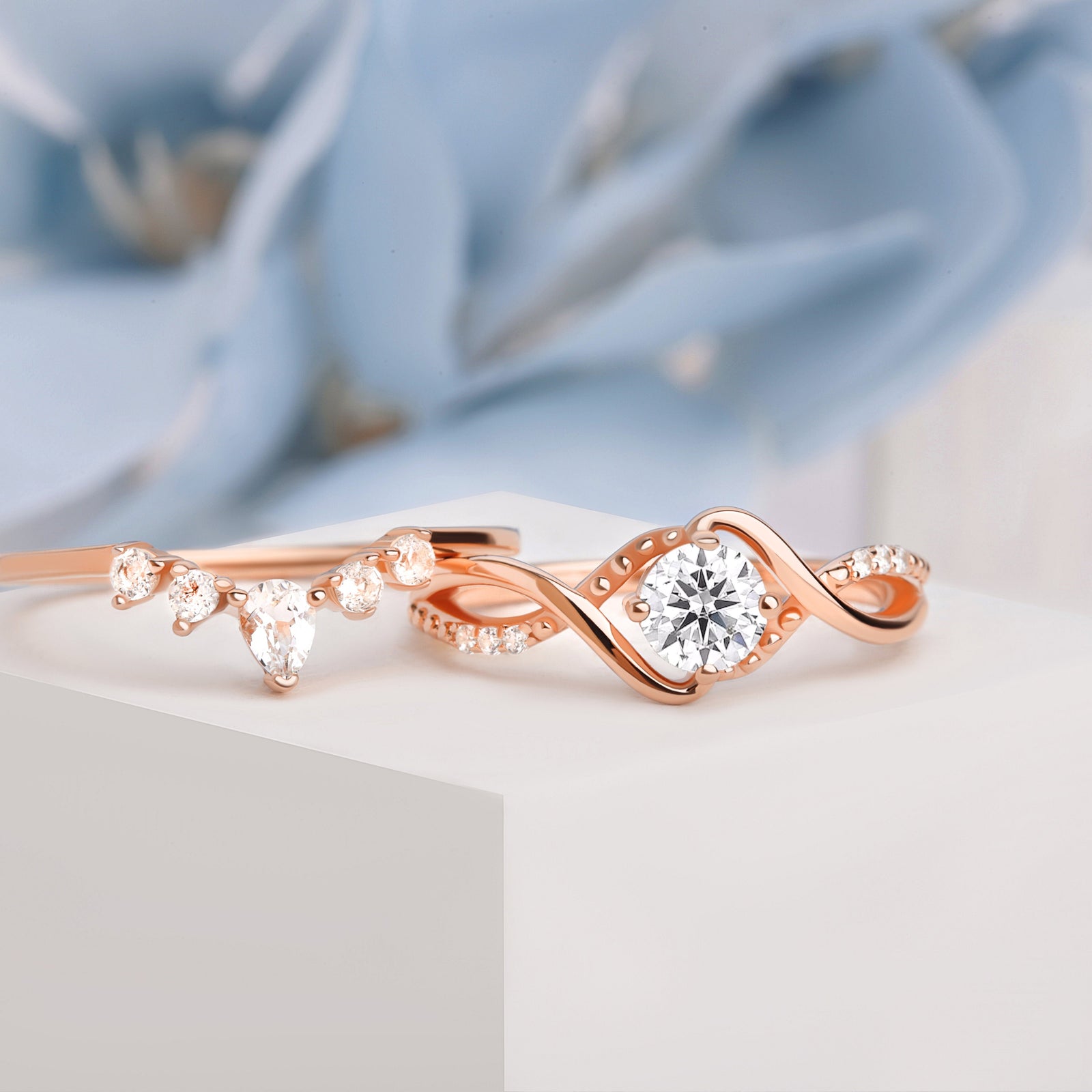 Moissanite Engagement Ring Set, showcasing the elegant design with a 5mm oval-cut Moissanite and matching White Zircon band.