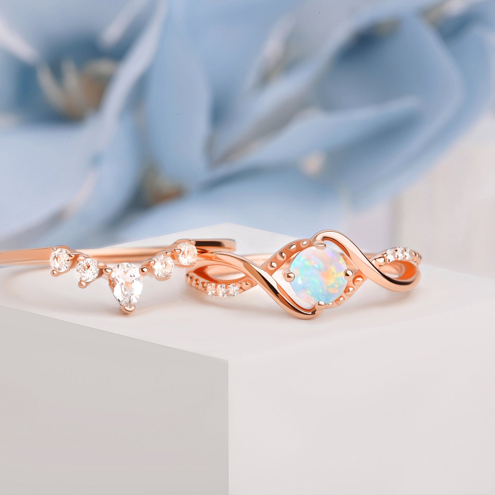 Vintage Opal Engagement Ring set, featuring the opal gemstone with delicate accent stones and a beautifully crafted rose gold band.